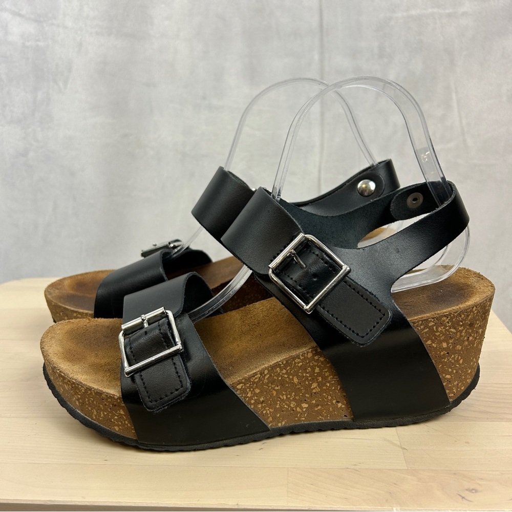 SONIA C Black Buckle Strap Wedge Cork‎ Sandals Women's 8 Comfort Summer Staple